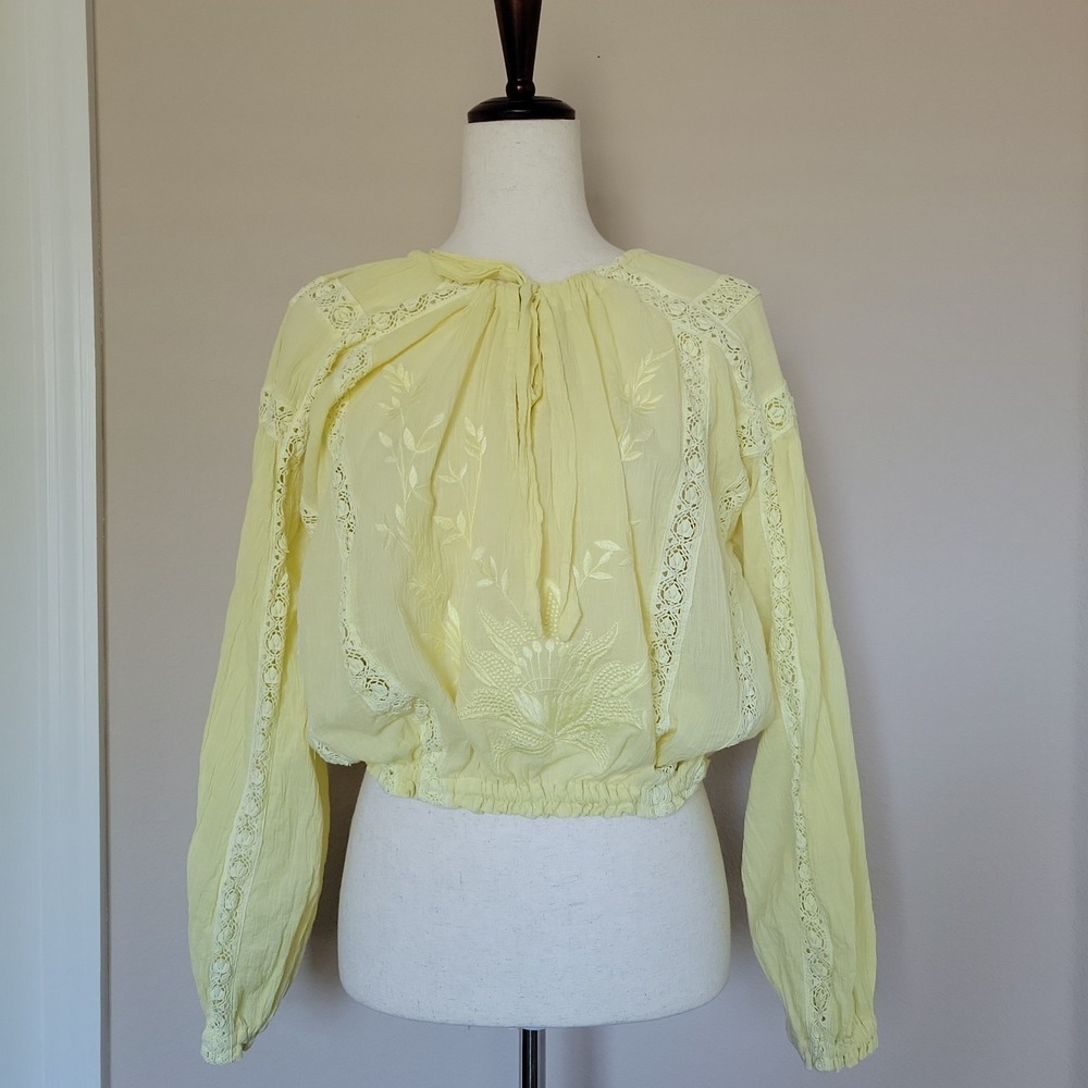 Free People Maria Maria Lace Blouse Sz S Yellow Embroidered Peasant Oversized